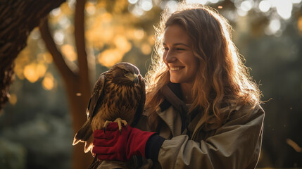 Wall Mural - Young woman volunteering as a wildlife rehabilitator taking care of a bird of prey like a falconer