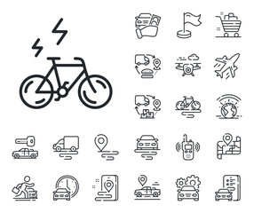 Poster - Motorized bicycle transport sign. Plane, supply chain and place location outline icons. E-bike line icon. Electric bike symbol. E-bike line sign. Taxi transport, rent a bike icon. Travel map. Vector