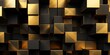 Pattern of golden geometric cubes that can't be separated. Abstract relief in antique gold plating, set on a jet-black backdrop. The backdrop is a modern, metallic, and luxurious. Golden wallpaper.