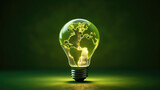 Fototapeta Perspektywa 3d - Renewable Energy.Environmental protection, renewable, sustainable energy sources. Green world map on the light bulb on green background .green energy. Renewable energy is important to the world	