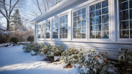 Poster - Green bushes in front of windows of a house in winter