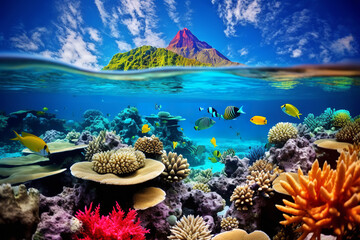 Wall Mural - A colorful coral reef thrives in the clear waters of Polynesia, teeming with vibrant marine life and underwater beauty