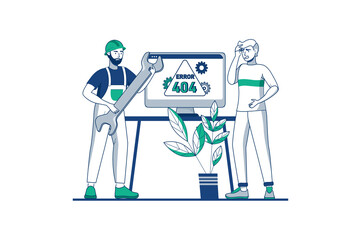 Aufkleber - Blue outline concept 404 not found with people scene in the flat cartoon design. Team of programming specialists is fixing an error that occurred in the computer. illustration.