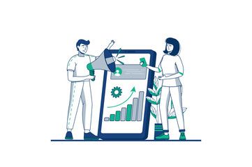 Aufkleber - Digital marketing blue outline concept with people scene in the flat cartoon design. Team of marketers tests Internet platforms for digitizing their work. illustration.