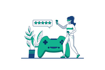 Aufkleber - VR blue outline concept with people scene in the flat cartoon design. Girl plays computer games in a virtual space with a game pad and VR glasses. illustration.