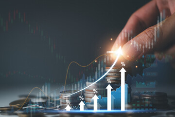 Wall Mural - Interest rate and dividend concept. Businessman with percentage symbol and up arrow, Interest rates continue to increase, return on stocks and mutual funds, long term investment for retirement.