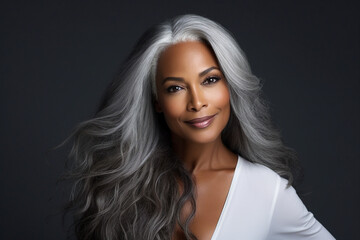 Wall Mural - Generative AI photo of a attractive beautiful mature woman nice long healthy hair isolated on blurred grey background