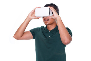 Man wearing virtual reality goggles isolated on white background