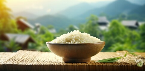 Bowl of white rice is placed on top of a table