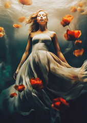 Wall Mural - Dreamy scene, a fairy tale. A young red-haired woman in a flowing silk dress floats in the water. A woman is surrounded by sea flowers, large coral bulks on long stems. Abstract futuristic conc.