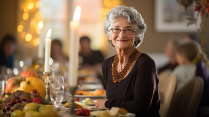 Canvas Print - Portrait of a senior woman during Thanksgiving dinner with her family