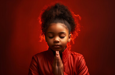 Wall Mural - African American child praying. Studio portrait. Red backdrop. Religion concept.