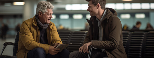 Poster - Two friends waiting for their plane in the waiting area in the airport