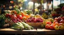 Stand With Fresh Fruits And Vegetables At The Farmers Market