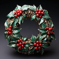 Canvas Print - Christmas jewelry ring wreath of metal holly red berries and green leaves on black background 