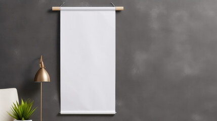 Mockup of a white paper roll hanging on the wall side view with a clipping path ing Mockup of a paperhanging wallpaper Scroll template for home decoration Canvas in room interior.