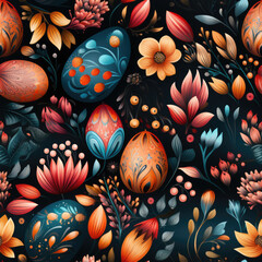 Aufkleber - Colorful Easter eggs and flowers pattern background, seamless 