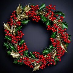 Canvas Print - Christmas jewelry wreath of metal ilex holly red berries and green leaves on black background.