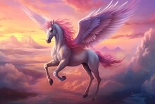Pegasus. Flying Horse With Pink Wings In The Clouds