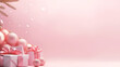 Christmas and New Year minimalist background. Pink pastel Glass Balls and gift box on gradient pink background with copy space for text. The concept of Christmas and New Year holidays