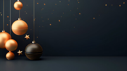 Wall Mural - Christmas and New Year minimalistic background. Golden and black Glass Balls hanging on ribbon on black background with copy space for text. The concept of Christmas and New Year holidays