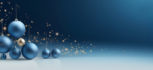 Wall Mural - Christmas and New Year minimalist background. Golden stars and blue Glass Balls hanging on ribbon on Navy blue background with copy space for text. The concept of Christmas and New Year holidays