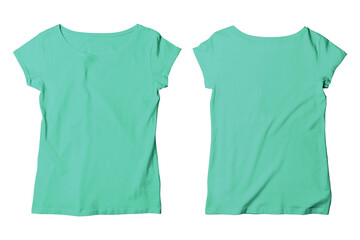 Sticker - Blank Teal Female Wide Neck T-Shirt Mockup Isolated