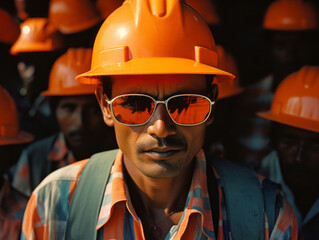 Wall Mural - Portrait of construction worker with group standing behind him. Mine workers, serious expresions. Portrait of construction worker with group standing behind him. Mine workers, serious expressions.