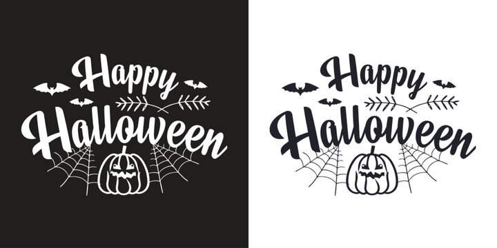 Happy halloween text lettering banner. Holiday calligraphy poster, greeting card, party invitation. Happy halloween text banner black white background
