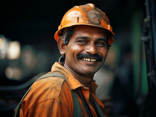 Wall Mural - Happy Indian construction site worker looking at camera smiling. Construction concept.