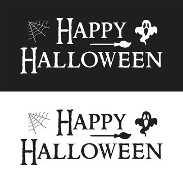 Happy halloween text lettering banner. Holiday calligraphy poster, greeting card, party invitation. Happy halloween text banner black white background