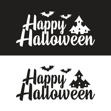 Happy halloween text lettering banner. Holiday calligraphy poster, greeting card, party invitation. Happy halloween text banner black white background