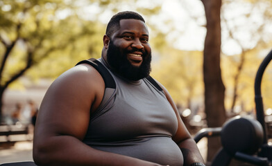 A beautiful strong and fit African American man is exercising concentrated and smiling with dumbnells in a city beautiful park ; an obese adult