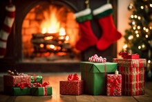 An one green christmas package is on the floor in front of the chimney with red christmas socks in an old living light room christmas atmosphere