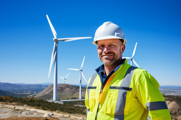 A professional male caucasian engineer is posing in front of the camera while wearing a yellow safety helmet with blue overall in front o a large wind turbine for sustainable energy park in the mounta