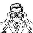 Handsome male businessman in a suit looks out through binoculars for competitors and new horizons, outline vector illustration in comic vintage style