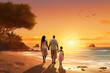 © pangamedia - A happy african american family is walking on the sand next to the waterline with in summer clothing on a tropical during sunset beach - an active family: family and relaxing time concept on vacacion