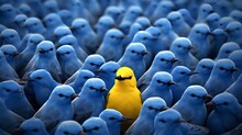 A Vibrant Yellow Bird Stands Out In A Crowd Of Identical Blue Birds, Symbolizing Individuality, Uniqueness, And The Courage To Be Different In A Conformist Society.