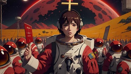 Wall Mural - Astronaut in a spacesuit like a religious prophet animation. Dreamy cosmic animation, transformations and metamorphose. Adherents of a new cosmic religious movement. AI generated video