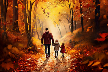 A happy and beautiful caucasian family is walking on a forest trail with autumn clothing in an beautiful old forest with different colored autumn leaves - seen from the front