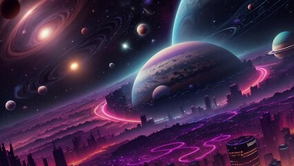 Wall Mural - Futuristic cosmic animation with deep space, galaxy, and futuristic cityscape on planet. Bright cosmic animation with illustrations transformations and metamorphose. AI generated cinematic video