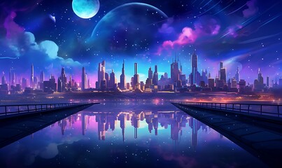 Wall Mural - city ​​background with a night atmosphere filled with colorful stars and neon, Generative Ai