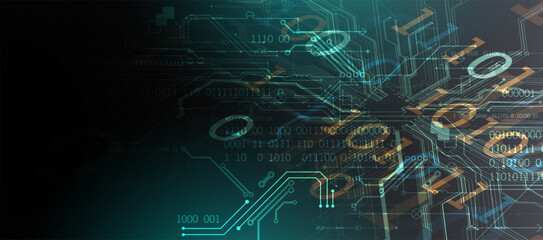 Abstract background on technological and scientific topics. Various techno details with using digital code.