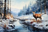 Fototapeta Konie - Christmas Background watercolor painting