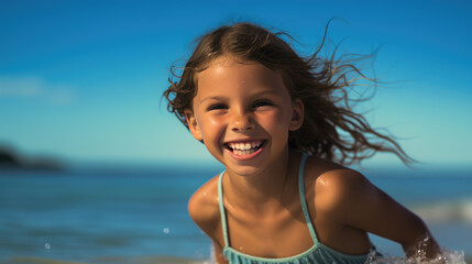 Sticker - Little girl smiling in the background of the beach