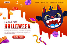 Halloween Landing Page With Devil Character And Holiday Sweets. Vector Web Banner With Cartoon Creepy Bat, Jelly Worms, Corn Candies, Toffee And Liquorice On Bright White And Orange Background