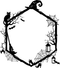 Halloween Holiday Black Frame With Silhouettes Of Cobwebs, Witch Hat And Boot, Broomstick, Black Cat, Lantern And Flying Bats. Isolated Vector Decorative Hexagonal Border Or Vignette With Spooky Decor