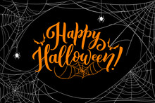 Halloween Cobweb With Spiders. Orange Vector Typography With Bats And Creepy Spiders On Black Background With Tangled Spiderweb Frame. Party Poster With Scary Script And Spooky Celebratory Design