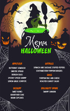 Halloween Menu Page With Witch Cauldron And Holiday Characters, Cartoon Vector. Halloween Horror Festival Menu For Drinks, Desserts And Dishes With Spooky Pumpkin Lanterns And Witch With Potion Pot