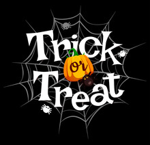 Trick Or Treat Halloween Banner With Cobweb And Funny Cartoon Spider. Vector Black Background With Spooky And Intricate Spiderweb, Pumpkin And Crawling Insects. Card For Eerie Trick-or-treat Holiday